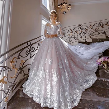 Luxus Esküvői Dressembroidered Csipke A Nettó Hercegnő Estélyi Ruha Teljes Ujja O-Nyak Menyasszony Dress Vissza Gombot Vestido De Novia