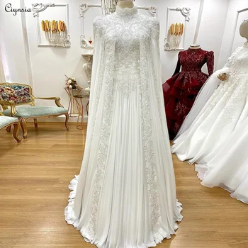 Ciynsia arab Dubai Magas Nyakú, Hosszú Ujjú Esküvői Ruha Női Elegáns Luxus Menyasszonyi Ruhák Cape Iszlám Hidzsáb Csipke Gyöngyös