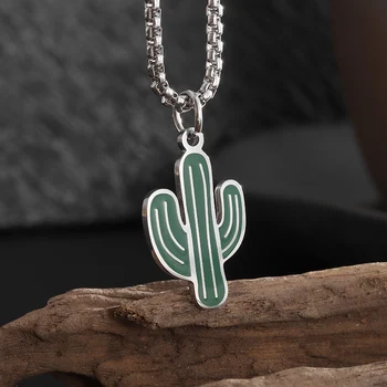 Klasszikus Kreatív Kaktusz Szukkulens Növény Medál Rozsdamentes Acél Nyaklánc Női-Férfi Divat Amulett Ékszer Ajándék