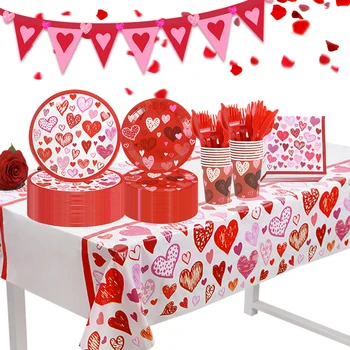 Valentin-Napi Party Dekoráció Eldobható Evőeszközök Papír Tányérok, Csészék Terítő Romantikus Esküvői Szerelmes Szív Evőeszközök
